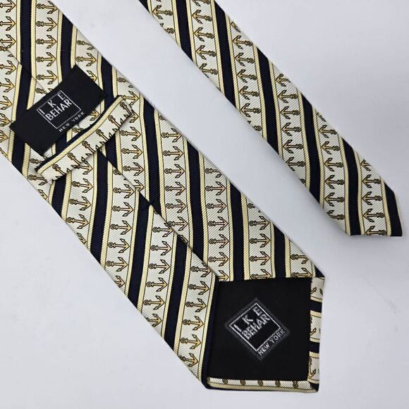 IKE BEHAR NEW YORK SILK TIE WHITE GOLD NAYY BLUE NAUTICAL STRIPE 3.75" X 59" - Picture 2 of 2